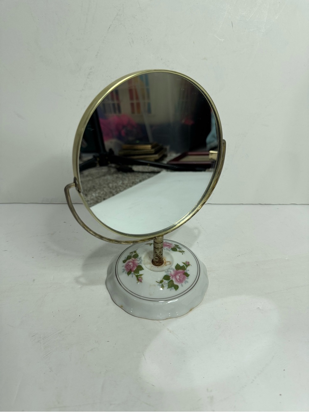 Vintage Floral Porcelain & Brass Desktop Vanity Mirror